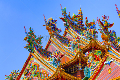 道教,寺庙,龙,天空,留白,水平画幅,建筑,无人,蓝色,建筑外部