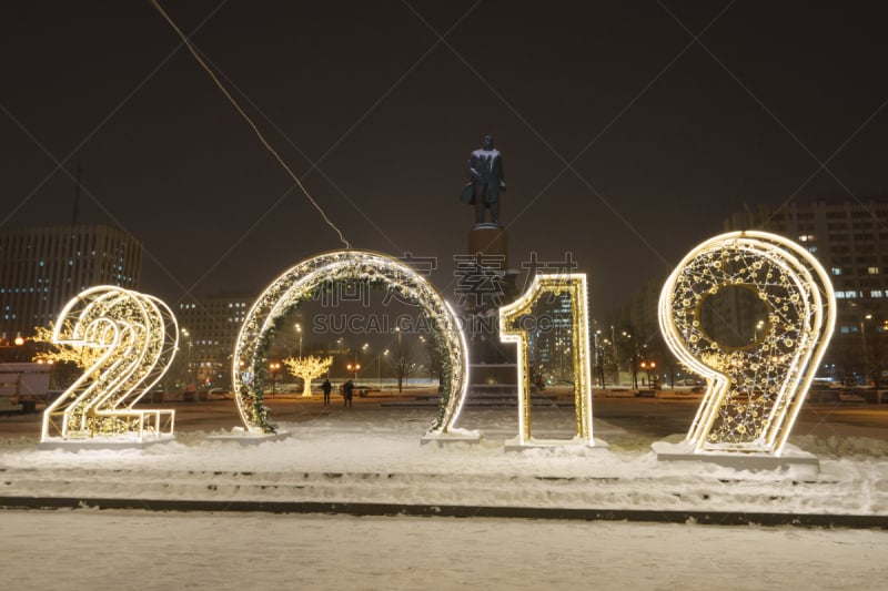 莫斯科,夜晚,街道,传统,寒冷,新年前夕,霜,雪,窗户,人行道