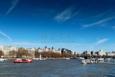 黑修道士桥,泰晤士河,金丝雀码头,天空,留白,客船,水平画幅,无人,英格兰