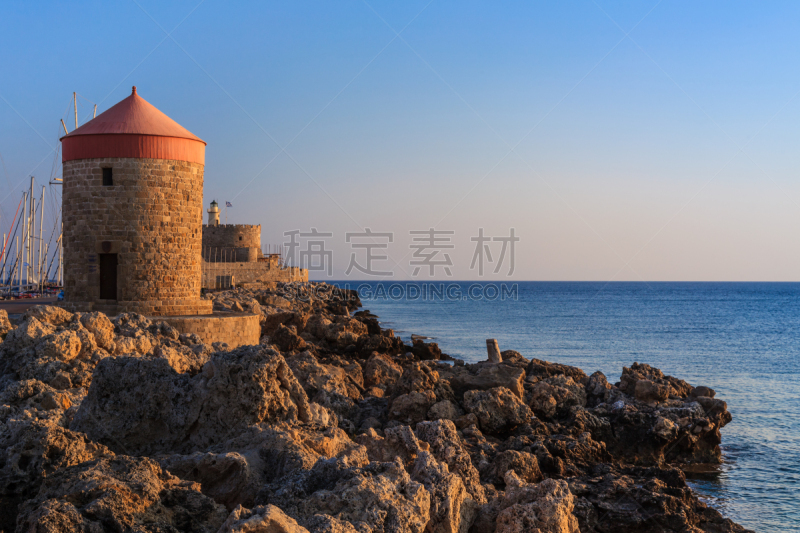 希腊,风车,天空,水平画幅,罗德岛,旅行者,夏天,户外,地中海,岩石