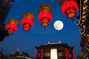 豫园,夜晚,上海,秋天,中间,中秋节,灯笼,月亮,传统节日,天空