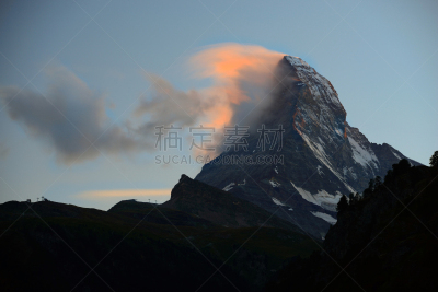 早晨,夏天,高山辉,马特洪峰,策尔马特,瑞士,云景,天空,水平画幅,雪