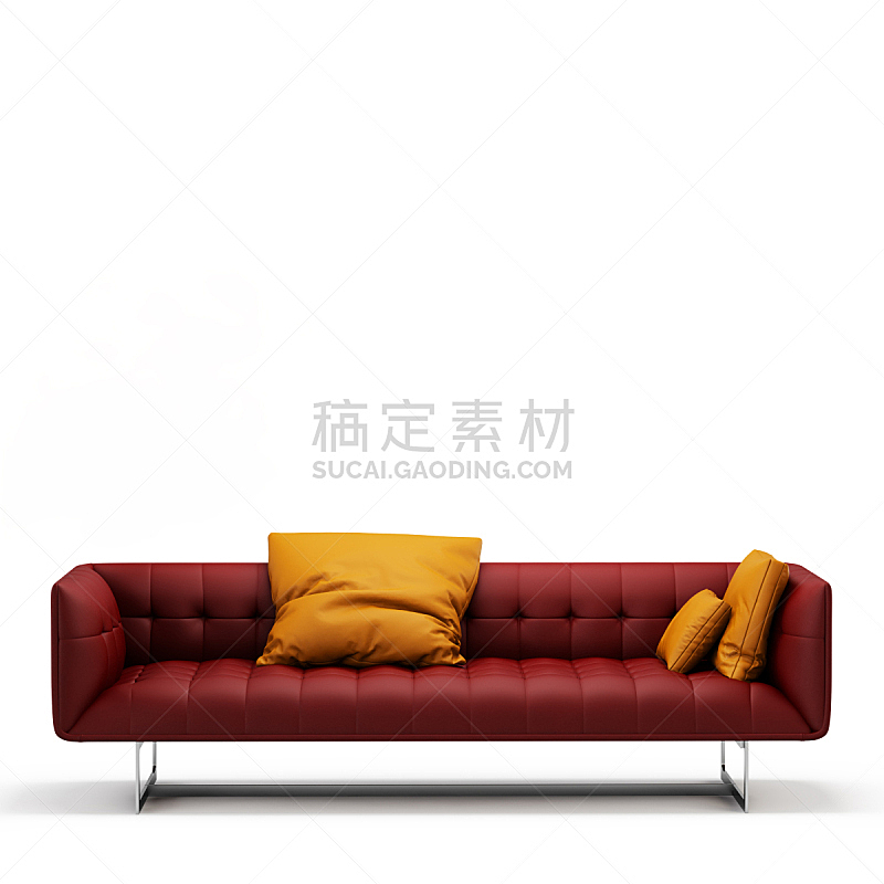 沙发,三维图形,皮革,红色,枕头,橙色,正面视角,白色背景,背景分离,华贵