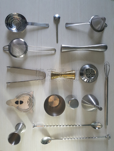 设备用品,调酒师,平铺,水平画幅,过滤勺,无人,饮料,金属,白色,搅拌钵