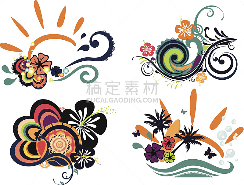 木槿属,四个物体,分离着色,艺术,纹理效果,蝴蝶,绘画插图,spa美容,夏天,玫瑰