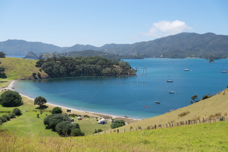 乌鲁普卡普卡岛,bay of islands,新西兰,船,帐篷,风景,固定的,丘陵,草原,水平画幅