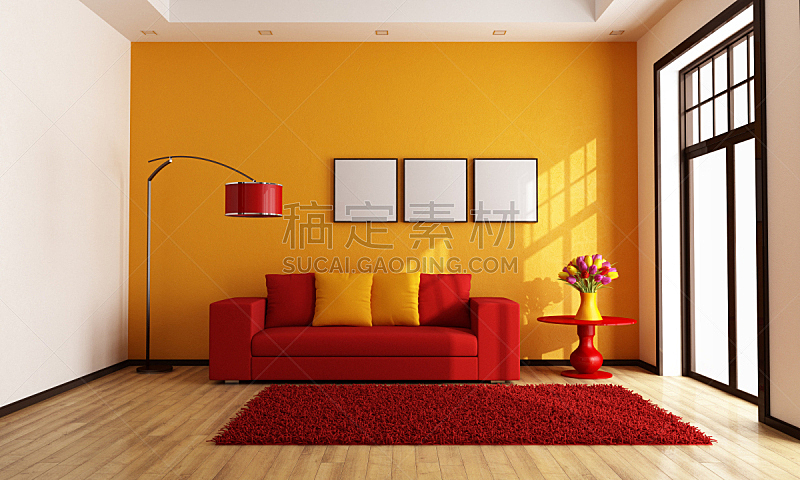 橙色,起居室,红色,落地灯,白灰泥,边框,水平画幅,墙,无人,硬木地板