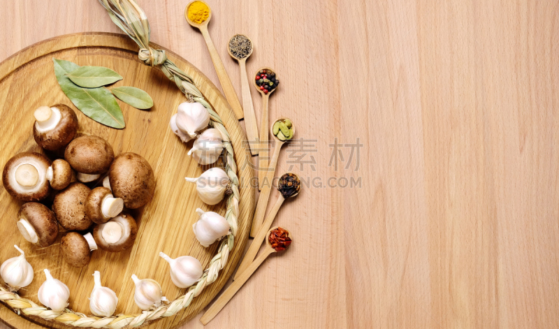 木制,蘑菇,香料,大蒜,桌子,褐色,蒜瓣,芳香的,水平画幅,素食