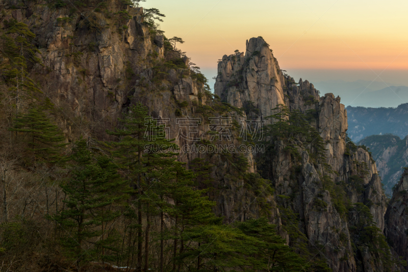 黄山山脉,安徽省,松树,中国,地形,桨叉架船,世界遗产,一只动物,旅游