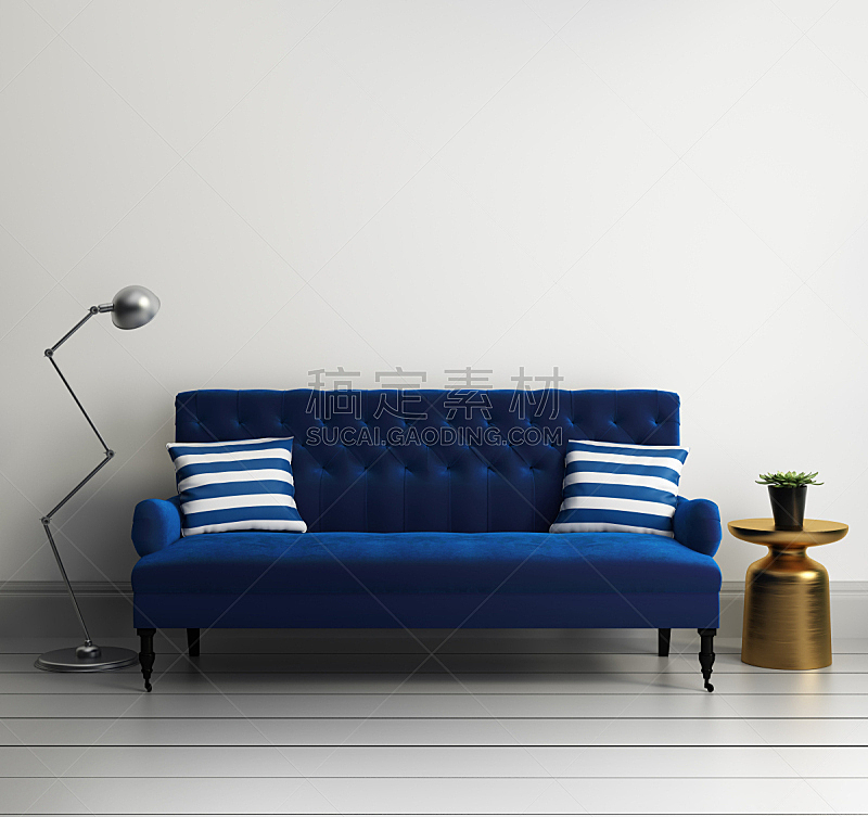 天鹅绒,现代,沙发,蓝色,华贵,高雅,水平画幅,椅子,灯,白色