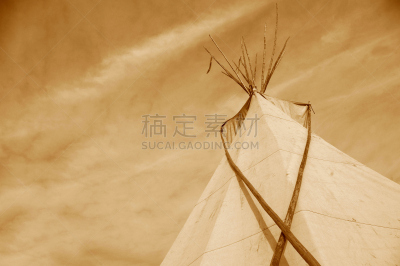 圆锥帐篷,棕褐色调,自然,图像,北美,无人,杆,建筑特色,背景,天空