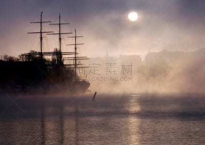 早晨,冬天,雾,斯德哥尔摩,水,天空,水平画幅,夜晚,无人,古老的