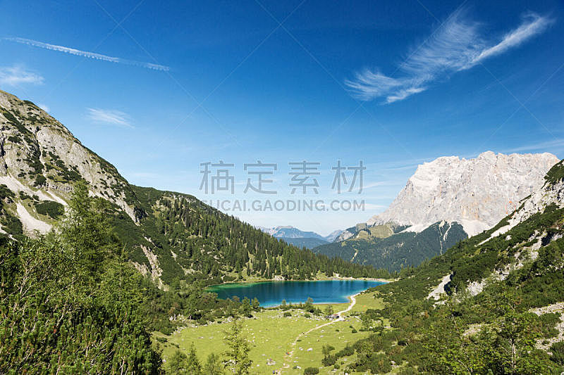 奥地利,阿尔卑斯山脉,蓝色,蓝山湖,天空,埃尔瓦尔德,北提洛尔,水平画幅,无人,夏天