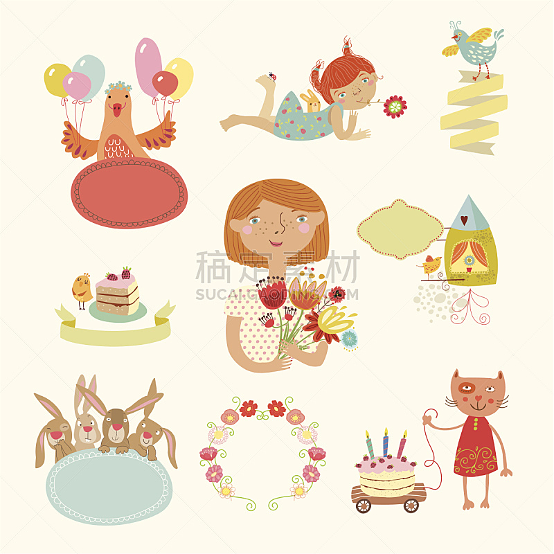 性格,绘画插图,鸟类,蛋糕,标签,气球,夏天,组物体,生日,仅一朵花