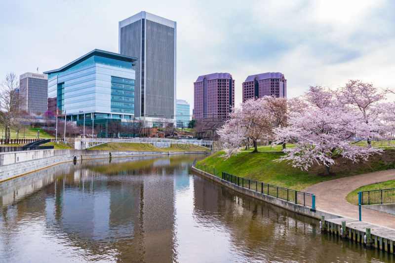 城市天际线,泰晤士河畔里士满市,夜晚,詹姆士河,里的满,维吉尼亚,水坝,运河,樱桃,樱花