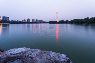 北京,玉渊潭公园,中央电视塔,水,天空,水平画幅,樱花,无人,户外,彩色图片