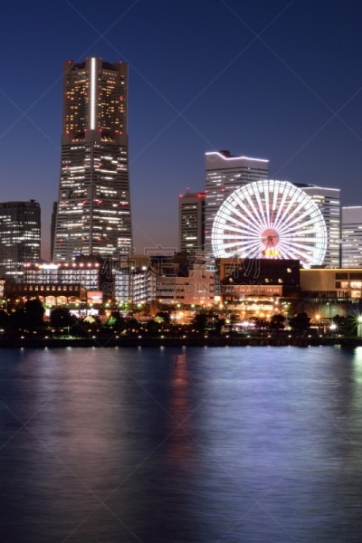 垂直画幅,都市风景,横滨,日本,建筑结构,水,天空,里山,夜晚,曙暮光