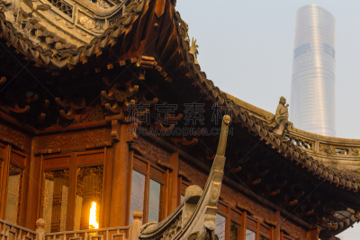 豫园,明朝风格,上海中心大厦,旅游目的地,水平画幅,景观设计,建筑,无人,上海,户外