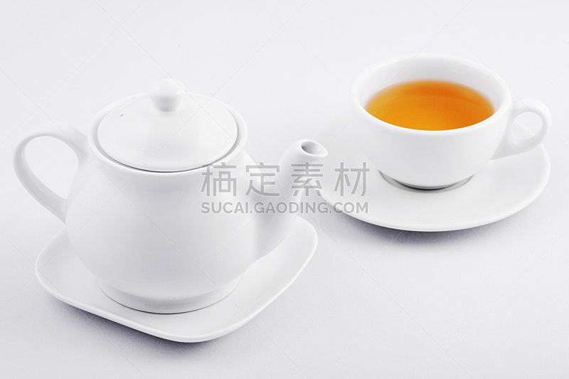 白色,茶壶,绿茶,杯,水平画幅,高视角,无人,茶杯,茶碟,白色背景