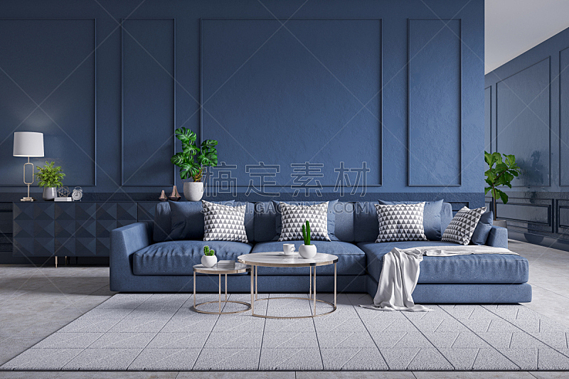 地毯,墙,沙发,起居室,极简构图,室内,桌子,蓝色,深蓝,咖啡