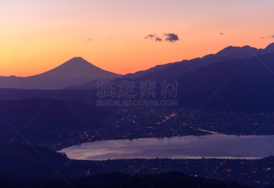 诹访,富士山,山,黎明,城市,苏瓦湖,巴岳山,日本阿尔卑斯山脉,南阿尔卑斯山脉,长野县