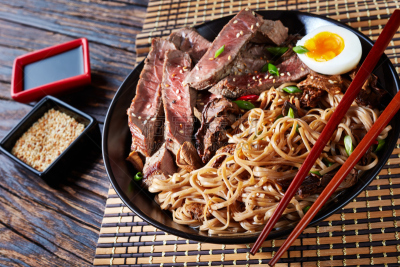 荞麦面,碗,烤牛肉,蔬菜,牛排,暗色,清新,香料,烤的,食品