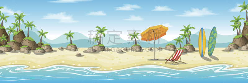 沙滩椅,绘画插图,海岸地形,鸡尾酒,海滩,冲浪板,遮阳伞,日落时分,水,天空