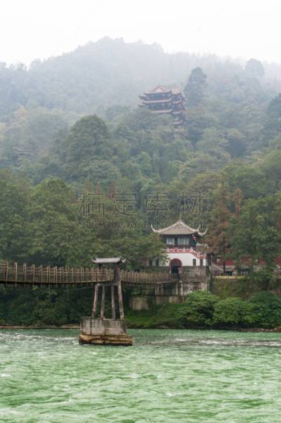 都江堰 ,寺庙,山,桥,雾,极端天气,水坝,灌溉设备,水灾,成都