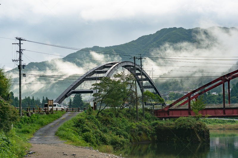 云,山,桥,地形,背景,低的,木曾溪谷,长野县,水,水平画幅