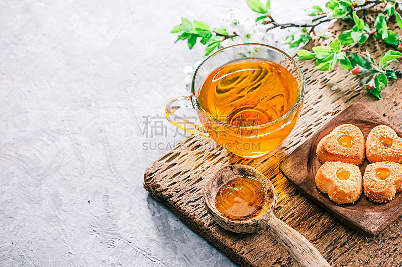 绿茶,蜂蜜,花茶,水平画幅,饮料,自然界的状态,厚木板,鲜花盛开,金色,食品