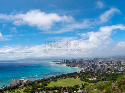 檀香山,全景,航拍视角,太平洋岛屿,海岸线,2015年,夏天,户外,天空,城市