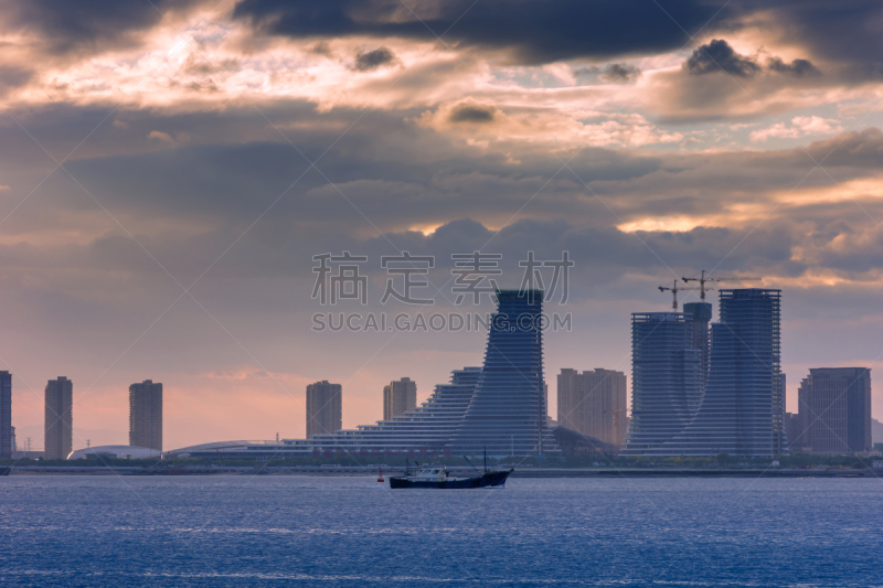 厦门,黄昏,建筑业,居住区,福建省,天空,水平画幅,山,无人,户外