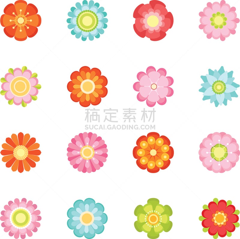 绘画插图,矢量,可爱的,花朵,图标集,扁平化设计,1970-1979年图片,1970年-1979年,70到90岁,花