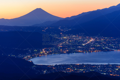 诹访,富士山,山,黎明,城市,苏瓦湖,巴岳山,日本阿尔卑斯山脉,长野县,照亮