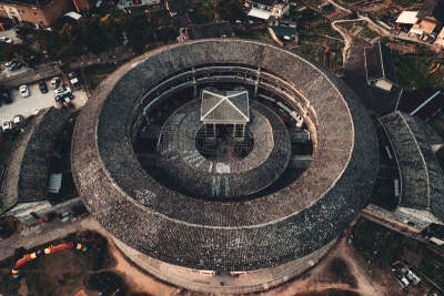 特写,航拍视角,福建土楼,都市风景,亚洲,传统,远古的,乡村,房屋,在上面