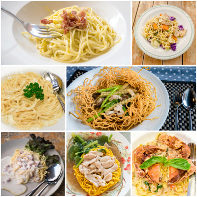菜单,意大利面,面条,抽象拼贴画,开胃品,膳食,奶酪,西红柿,泰国,肉