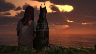自然,杜宾犬,绘画插图,业主,三维图形,风景,女孩,相伴,坐,享乐