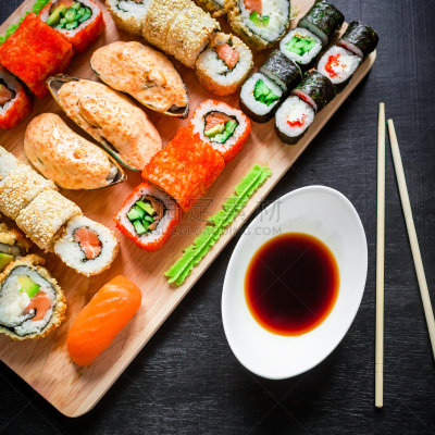 筷子,食品,日本,寿司,酱油,贻贝,平铺,视角,顶部,卷起