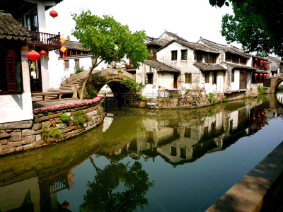 周庄,江苏省,中国灯笼,水平画幅,无人,户外,房屋,中国,河流,桥