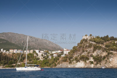 帕尔加,小舰队,爱奥尼亚海,纪念碑,水,天空,水平画幅,无人,夏天,希腊