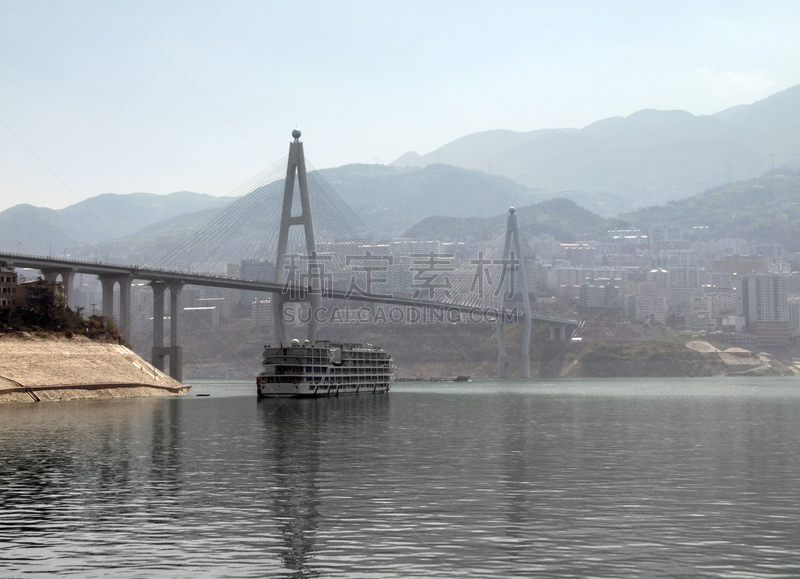 长江,风景,水,天空,留白,客船,水平画幅,山,无人,谷边