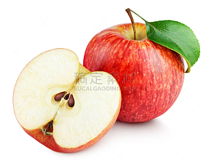 苹果,叶子,熟的,红色,一半的,分离着色,绿色,白色,水平画幅,素食