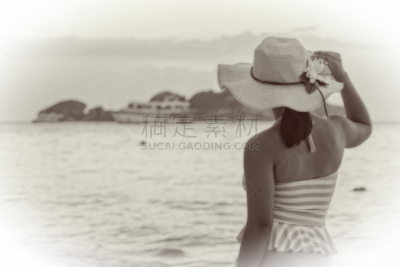 女人,海滩,高雅,过时的,浪漫,肖像,泰国,东亚人,复古风格,肮脏的