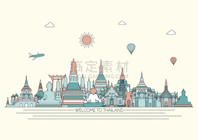 泰国,矢量,背景,绘画插图,高雅,线条,城市天际线,线条画,华丽的,旅途