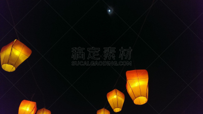 天灯,中秋节,中国元宵节,灯笼,中国灯笼,天空,水平画幅,夜晚,无人,月亮