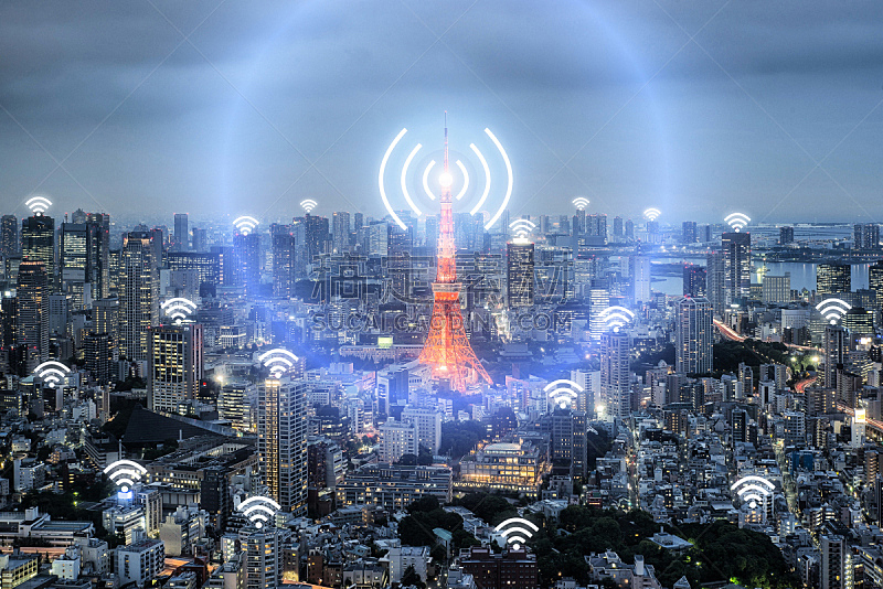 无线技术,东京,城市,概念,图标,网线插头,无线电波,塔,波形,数字化显示