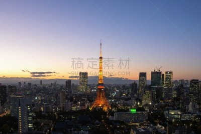 东京,拥挤的,居住区,东京塔,建筑外部,天空,水平画幅,无人,蓝色,城市天际线