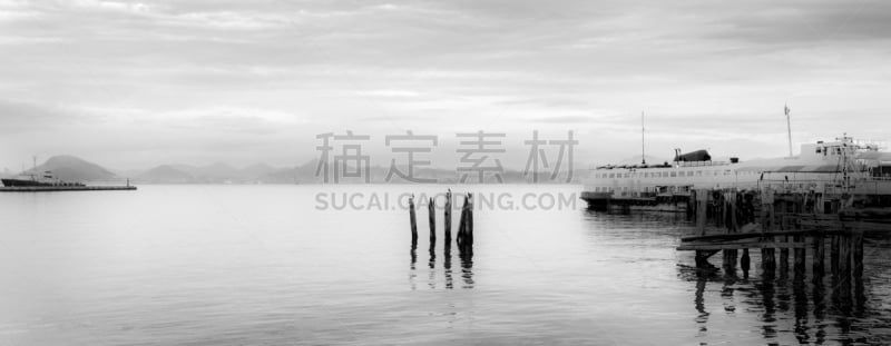 码头,水平画幅,无人,纳维欧海滩,全景,巴西,黑白图片,里约热内卢,船,摄影