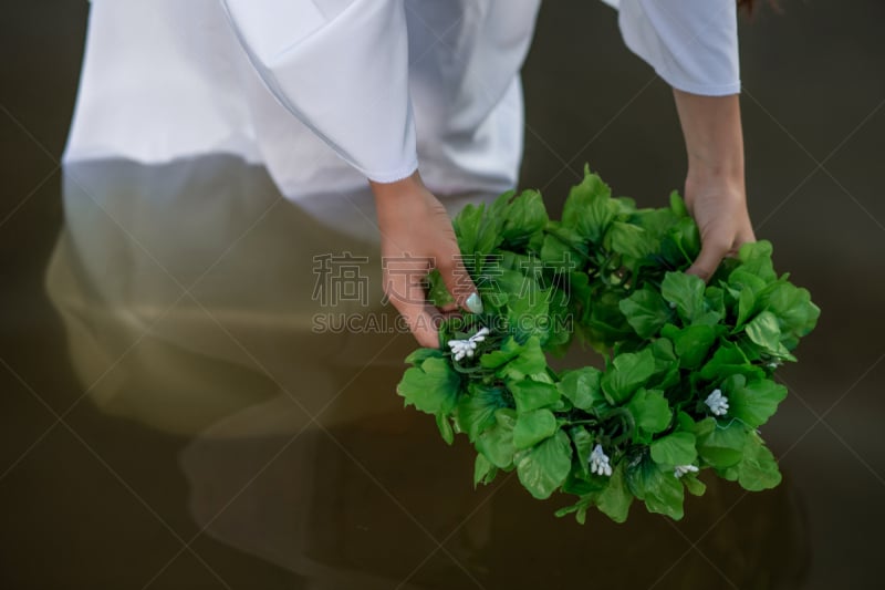 女人,湖,花环,河流,湿,特写,饮用水,艺术,女巫,白色长裙