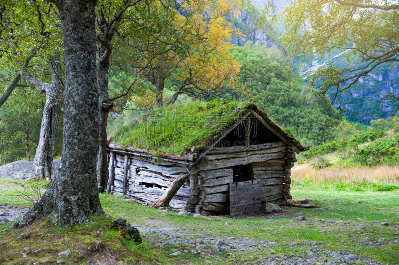 过时的,木制,挪威,房屋,通勤者,briksdalsbreen glacier,约斯特谷冰原,松恩-菲尤拉讷,公园,水平画幅